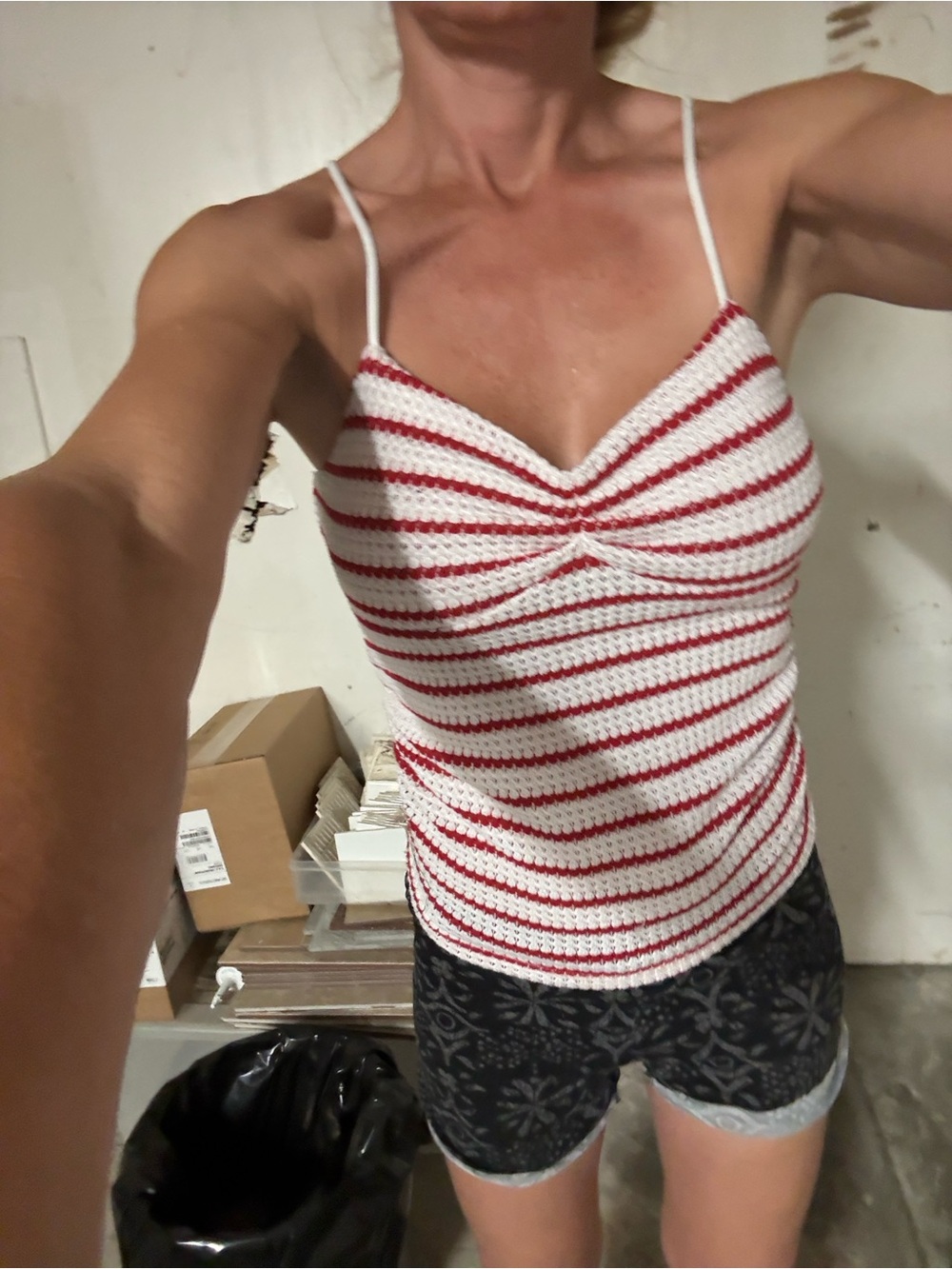Striped Crochet Spaghetti Strap Tank Top - White & Red